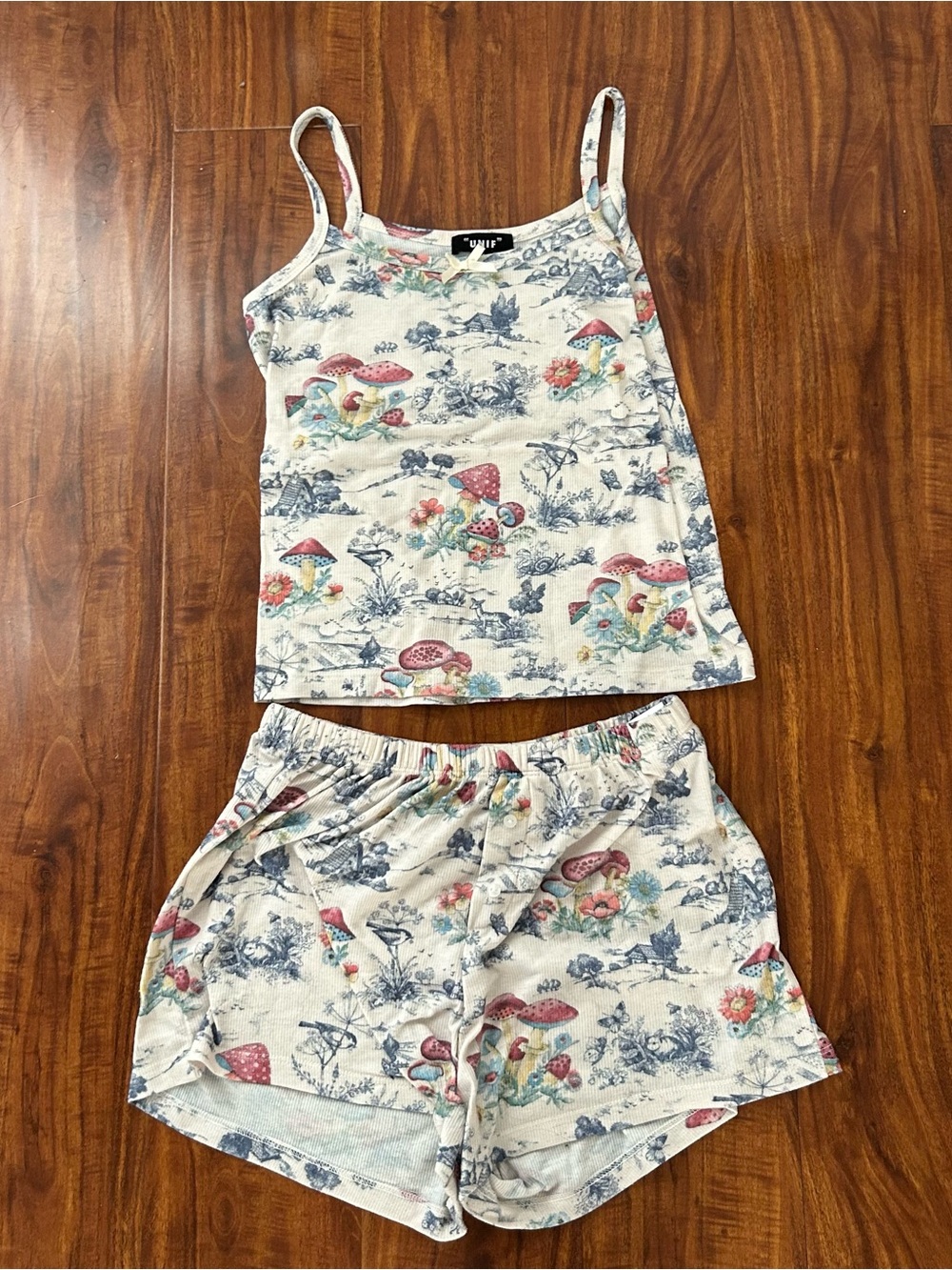 Unif Toile Mushroom Print Tank & Shorts Set - Cream with Pink & Blue